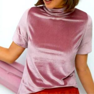 ANTHROPOLOGIE Krisha Mauve Crushed Velvet Mock Neck Short Sleeve Top